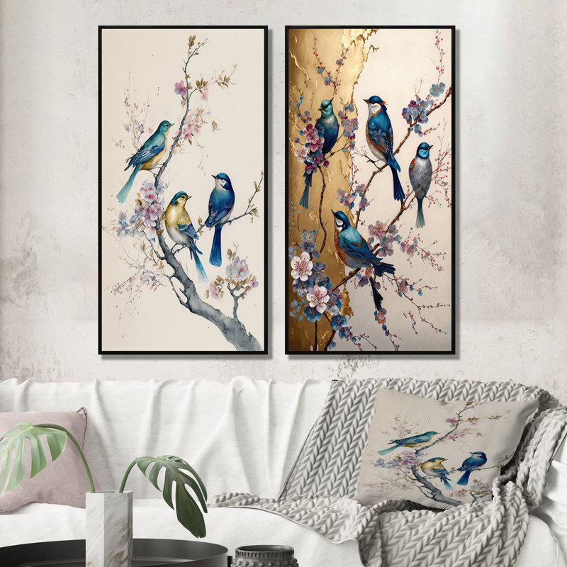 2 pièces sur toile - Oiseaux multicolores sur un arbre en fleurs de prunier, Cadre noir, H 20 po x l 24 po