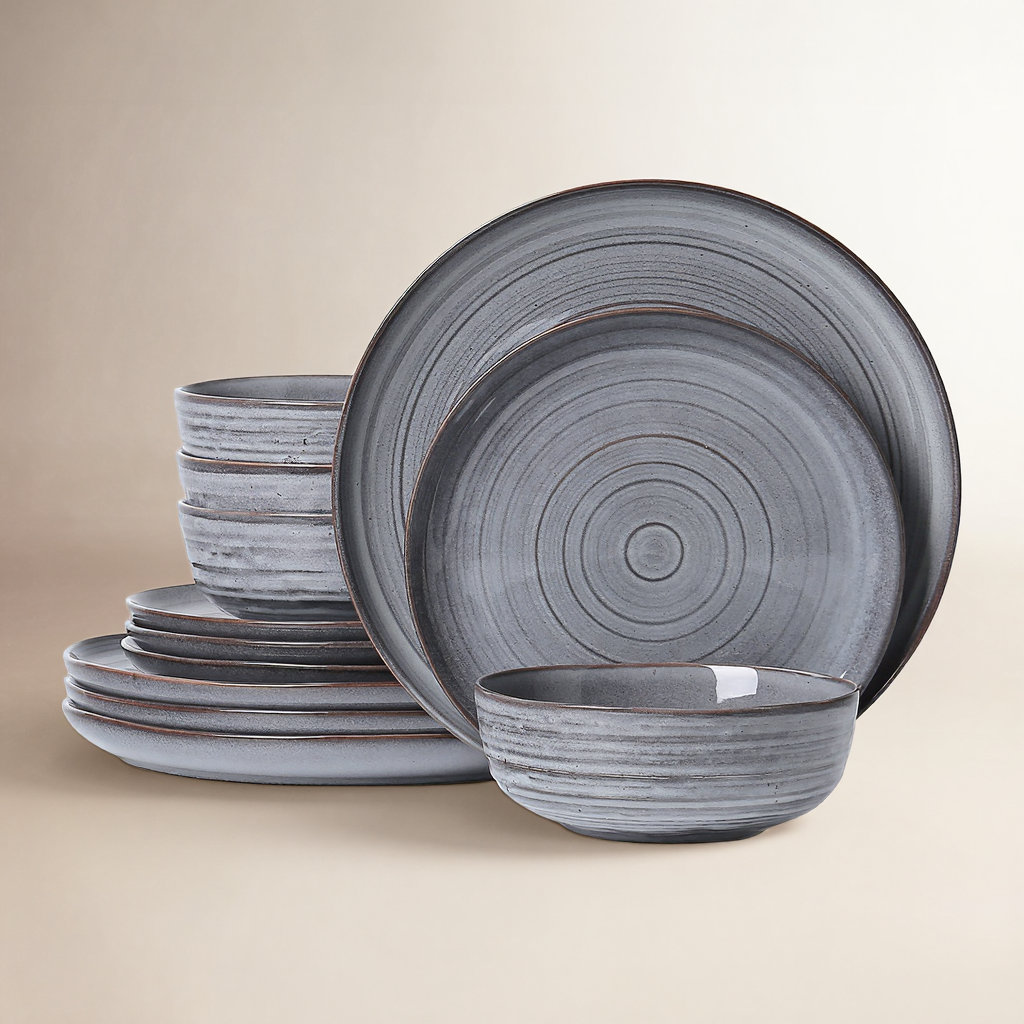 12 Piece Stoneware Dinnerware Sets, Service for 4, Dark Gray