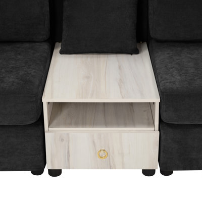 Modern Black Chenille Sofa With Storage And Center Console For Living Room