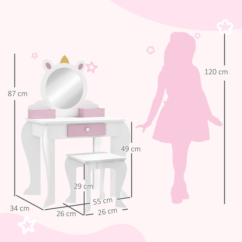 Granada Kids Dressing Table with Mirror Stool Ages 3-6 White and Pink