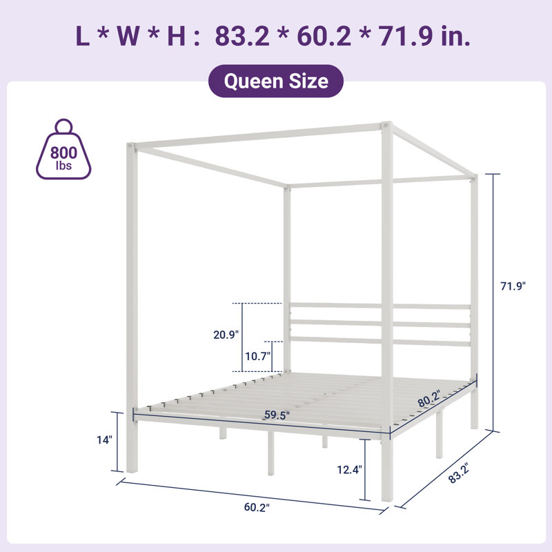 Metal Canopy Bed Frame With Four Poster, Queen, White