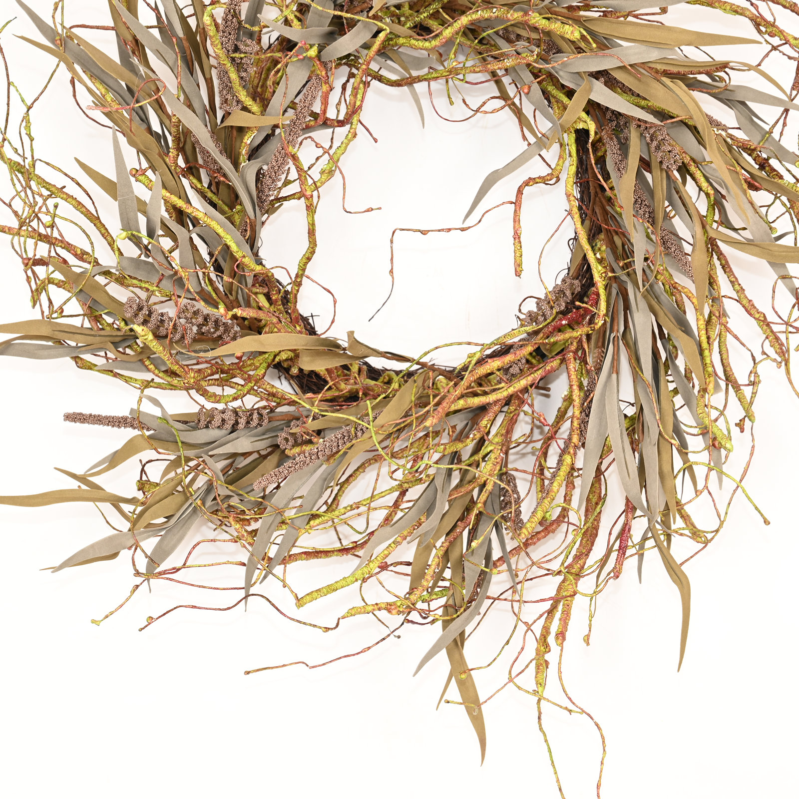 26" Artificial Farmhouse Thanksgiving Day Harvest Blossom Cluster Twig Grass Berry Fall Front Door Wreath