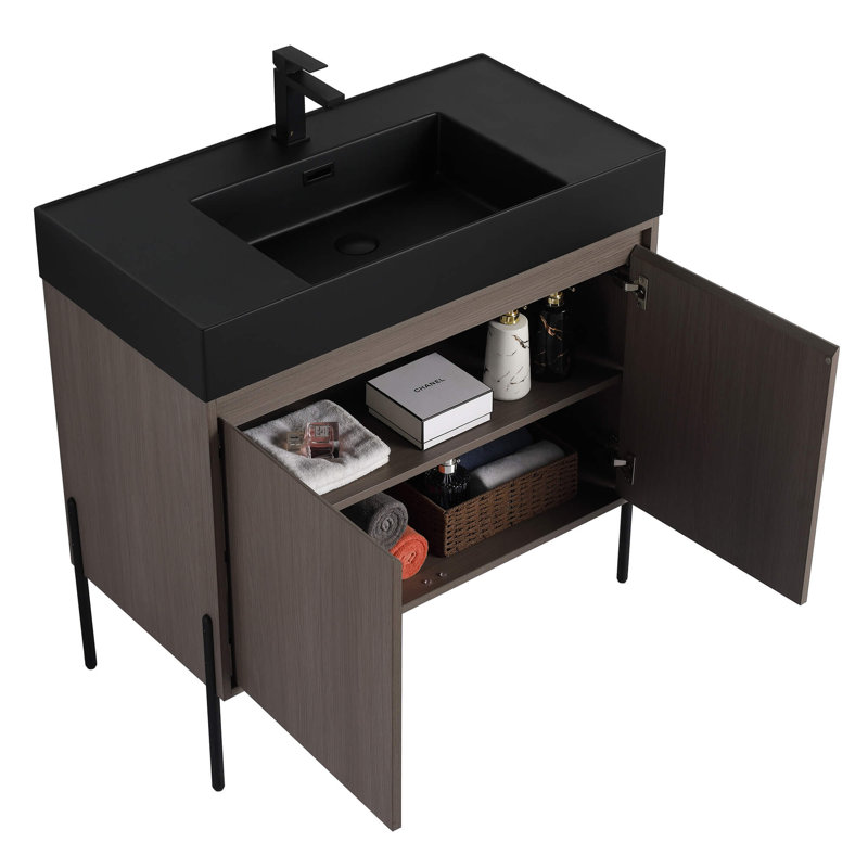 Ebern Designs Yordana Bathroom Vanity 36" Wide - Grey Oak - Black Sink, Grey Oak, Black
