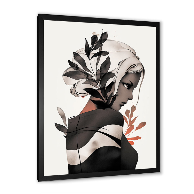 Dessin de femme tropicale, dessin I, Cadre simple noir, H 32 po x l 16 po x P 1 po