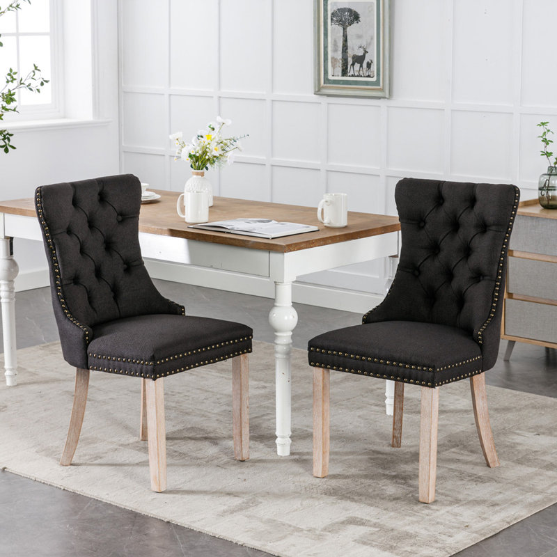 Damine Upholstered Dining Chair, Black Linen, Dark Brown