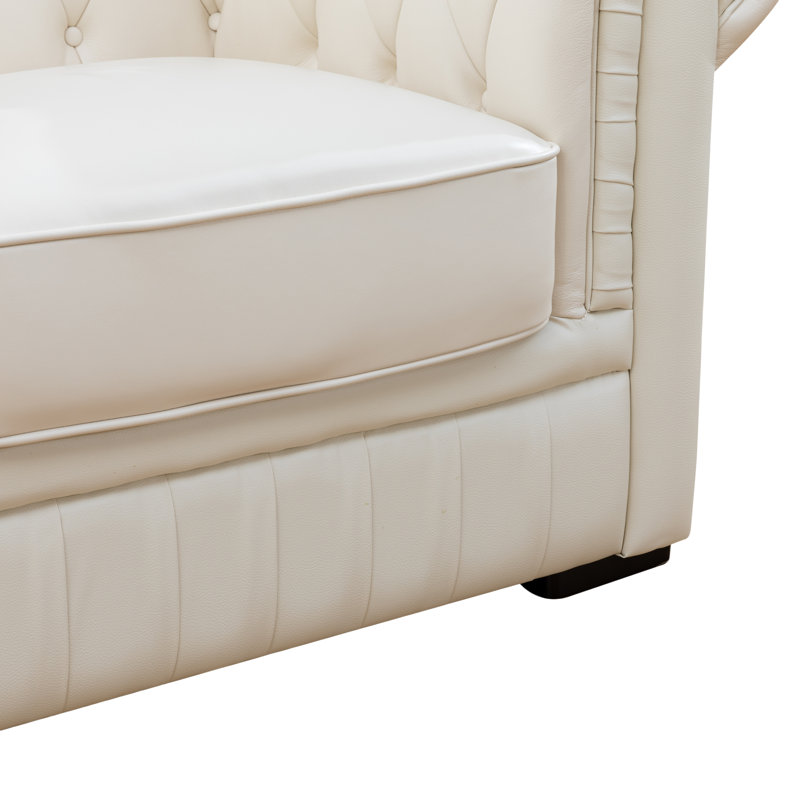 72.5" Genuine Cowhide Leather Chesterfield Loveseat – Button Tufted, Curved Scroll Arms, European Buckle Details