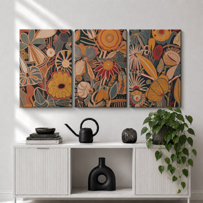 «Abstract Botanical», art floral brun orangé bohémien, images murales de salon élégantes et vintage, impression sur toile encadrée à la giclée, 3 pièces: 16 po x 24 po x 3 pièces, 24 po x 36 po x 3 pièces, 20 po x 60 po x 3 pièces