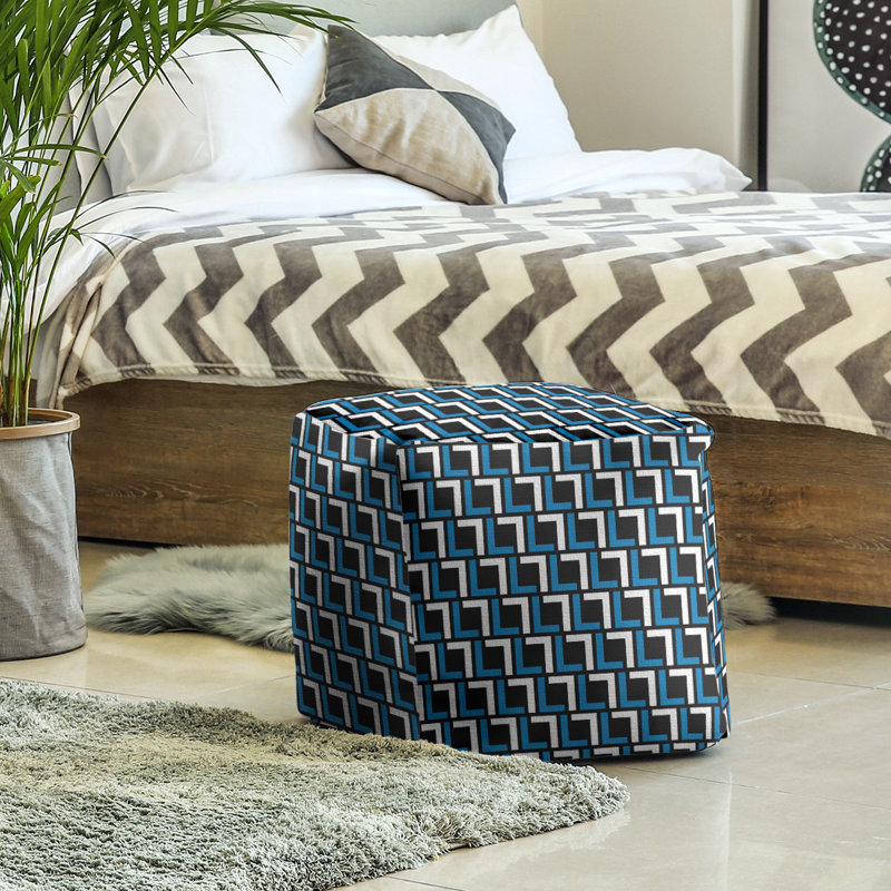 Upholstered Ottoman, 13" H x 13" W x 13" D, Honolulu Blue/White/Black