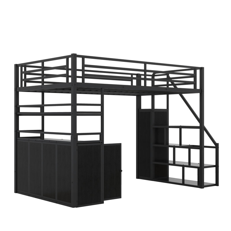 Lit mezzanine double moderne en métal avec canapé-lit et conception pratique, Noir