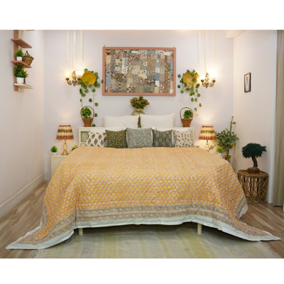 Fabdivine Luxury Block Print Cotton Quilt Floral Boho Bedding for Bedroom & Sofa
