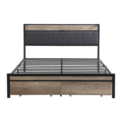 Metal Platform Bed Frame With Upholstery Storage Function Headboard   And USB LINER  And Footboard With Drawers , No Box Spring Needed, Large Under Bed Storage, Easy Assemble