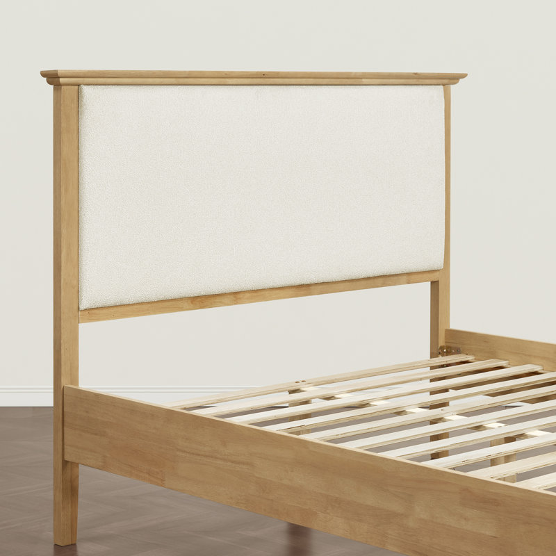 Eirene Farmhouse Solid Wood Platform Bed With Boucle Upholstered Headboard, Natural, Queen