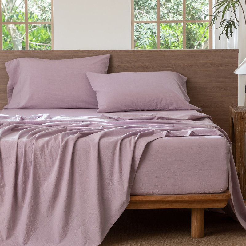 MooMee Sheet Set Extra Deep Pocket 100% Washed Cotton Linen Like Textured Lightweight Breathable, Light Purple