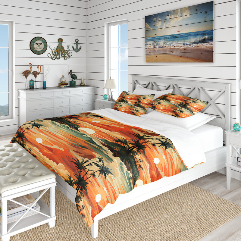 Ensemble de housse de couette orange Seashore Sunset Coastal, Housse de couette pour grand lit et 2 taies décor