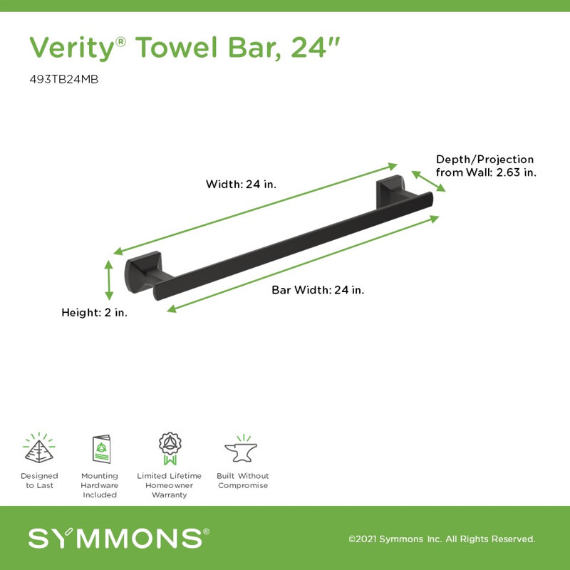 Barre à serviettes Verity avec quincaillerie de fixation, H 2,63 po x L 24 po x P 2,12 po, Noir mat