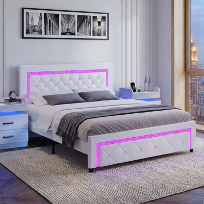 3-Piece LED Bedroom Set with Upholstered Platform Bed, 2 Matching Nightstands, Tufted Headboard, Multicolor Bed Lights, USB Ports and Outlets