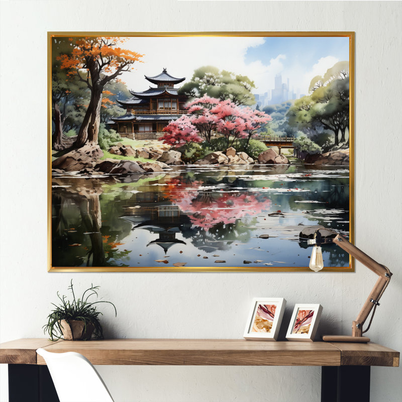 «China Art Zen Garden», art sur toile China Art, H 24 po x l 32 po x P 1 po, Cadre flottant doré