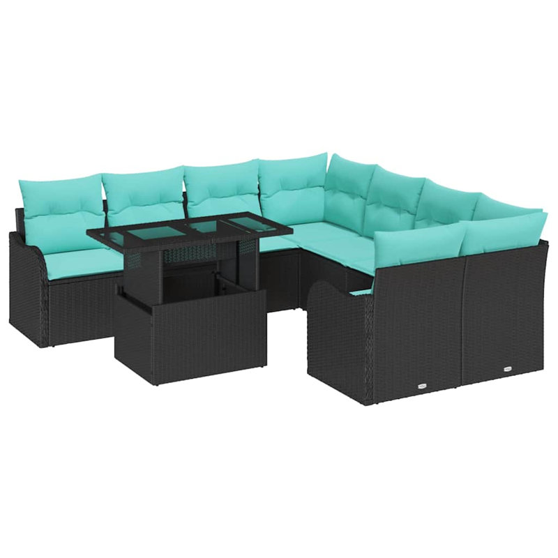 Ensemble repas 9 pièces vidaXL avec coussin noir, Coussin bleu / cadre noir
