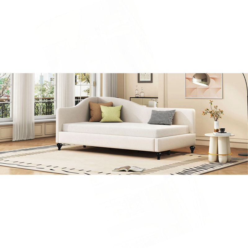 L-Shaped Linen Daybed, With Solid Wood Legs, Beige