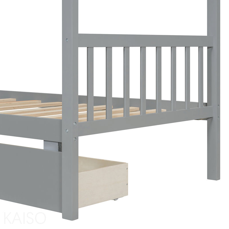 Lit simple, maison en bois avec tiroirs, Gris, Lit simple