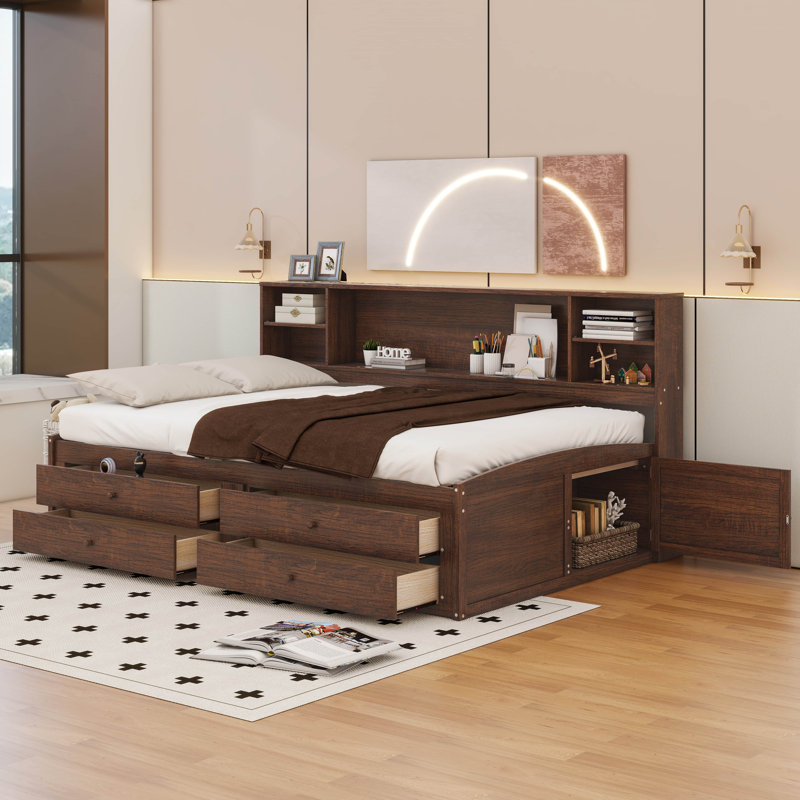 Full Size Wooden Captain Bed With Built-In Storage Shelves, 4 Drawers And 2 Cabinets