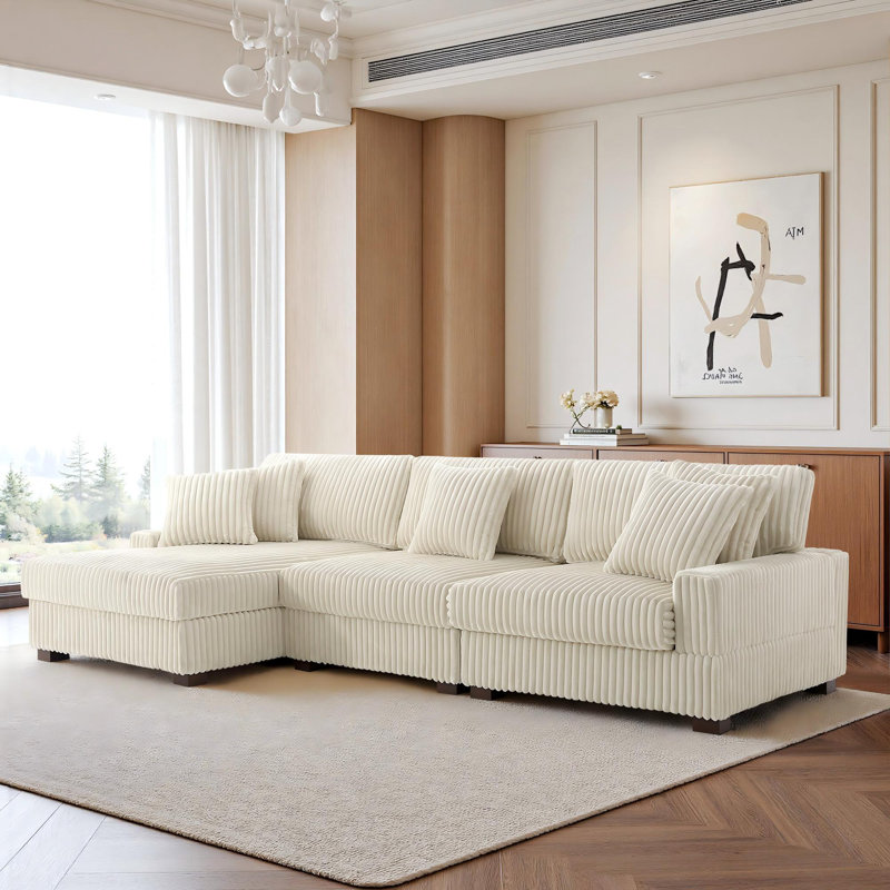 3 Seater Sectional, White Polyester/Foam Padding