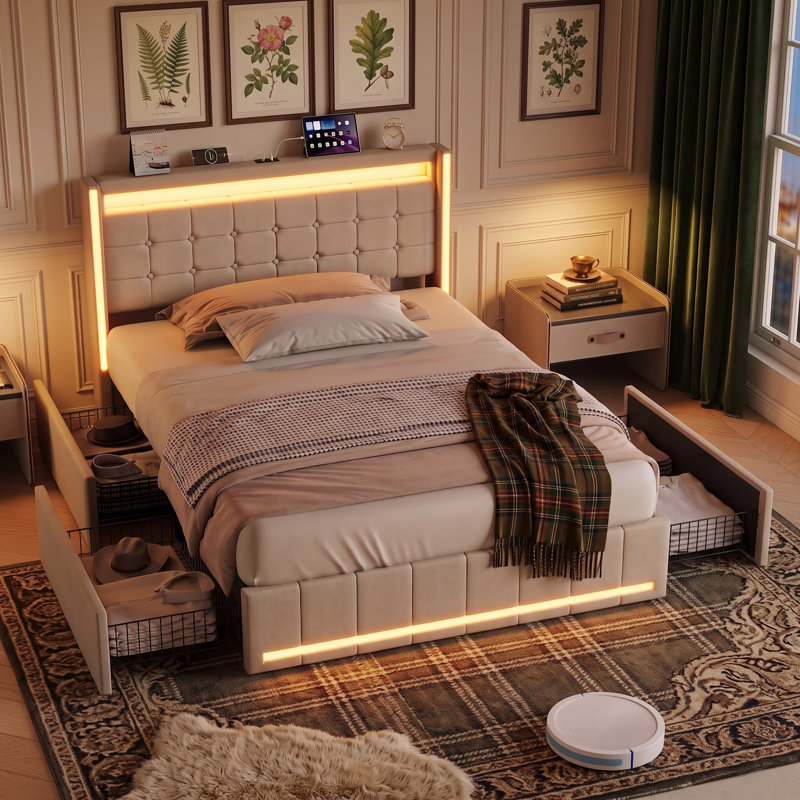 Platform Bed With Drawers Bed, 150*200cm, Beige