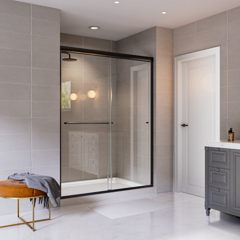 Porte de douche coulissante double avec cadre en verre trempé transparent l 50 "- 54" x H 70 ", Noir mat