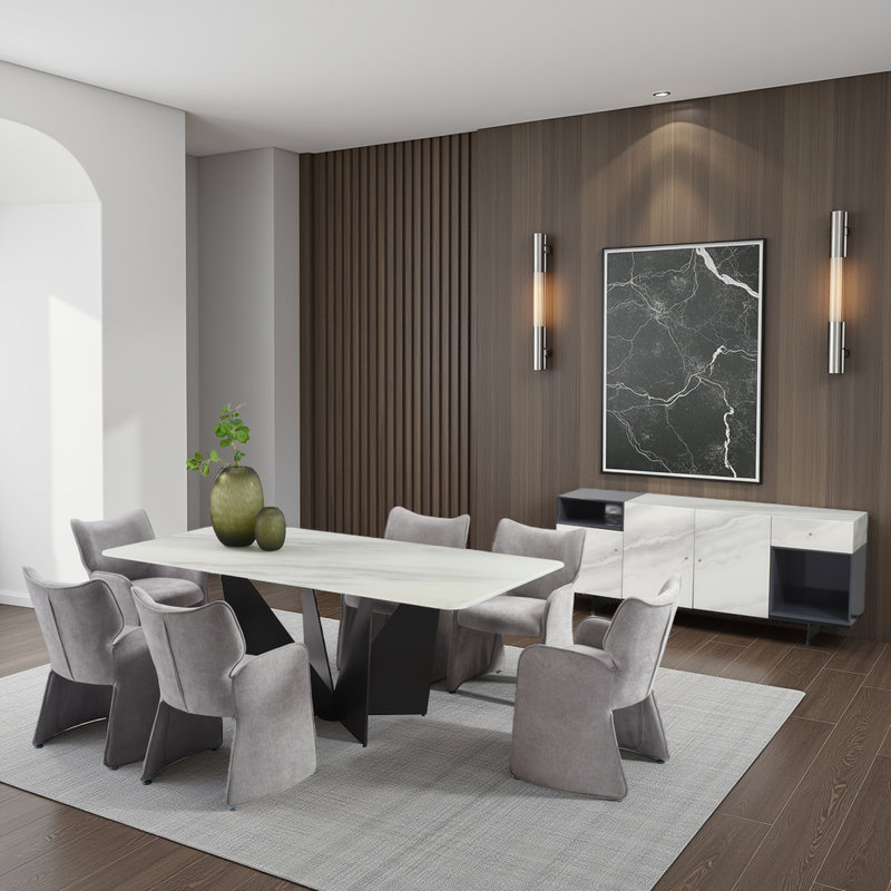 Arguelles Modern 7-Piece Dining Set With Upholstered Chairs And Tempered Glass Tabletop, Gris