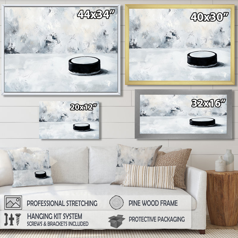 «Hockey Puck and Ice», impression d'art de hockey sur glace, H 34 po x l 44 po, Noir