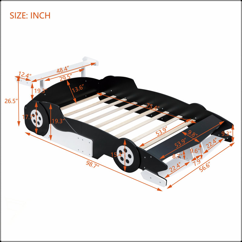 Race Car-Shaped Platform Bed With Wheels, Durable And Comfortable For Kids And Adults, Perfect For Themed Bedrooms, Black