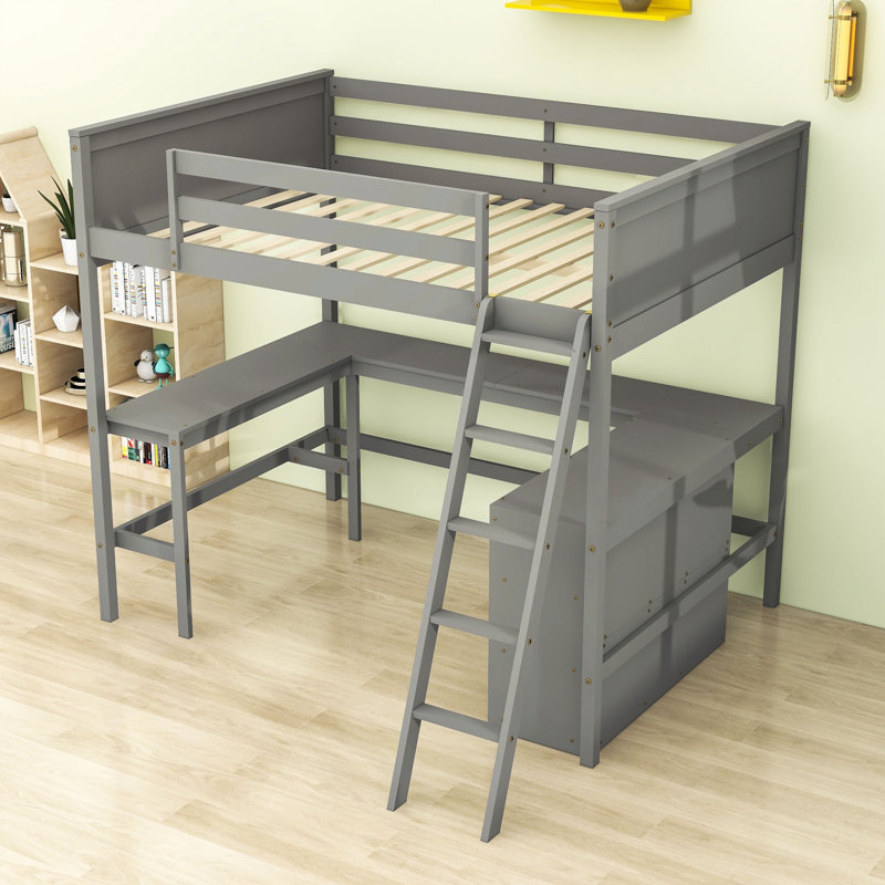 Wood Loft Bed with Desk and Shelves, Gray, Twin