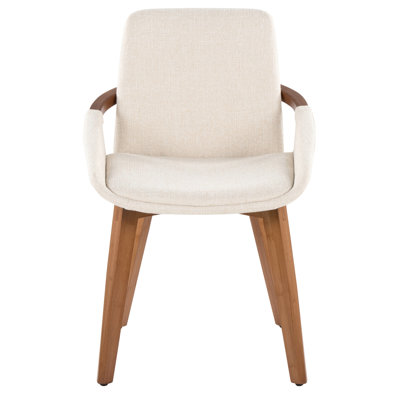 Fauteuil en tissu couleur noyer et crème, de style milieu du siècle, rembourré de mousse, largeur d'assise intérieure de 45 cm, hauteur de 38 cm, profondeur de 52 cm, usage intérieur, poids maximal de 113 kg, assemblage requis, élégant avec structure.