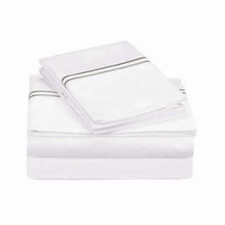 400TC Double Embroidery Sateen Solid Cotton 4 Piece Sheet Set Fitted Sheet Fits Upto 16" Deep Pocket, Light Gray