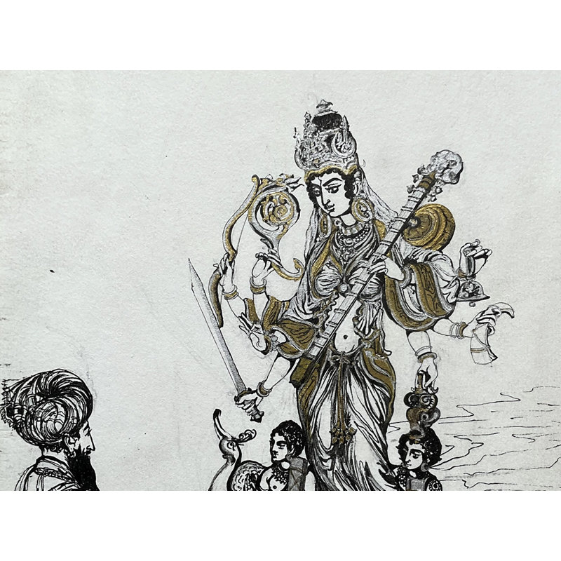 Dévote priant la déesse Saraswati sur un cygne | Croquis à l'encre | Anuj Shastrakar