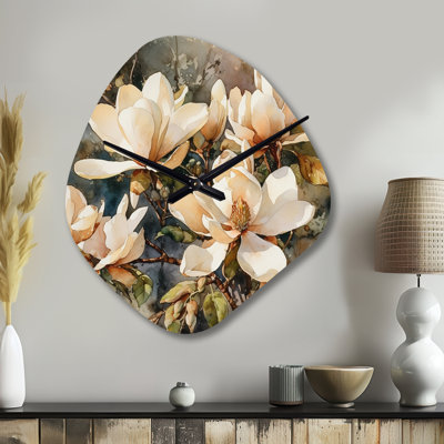 Noakes Cream Magnolia Symphony - Magnolias Unique Shape Metal Wall Clock, Traditional Freeform Wall Clock Print