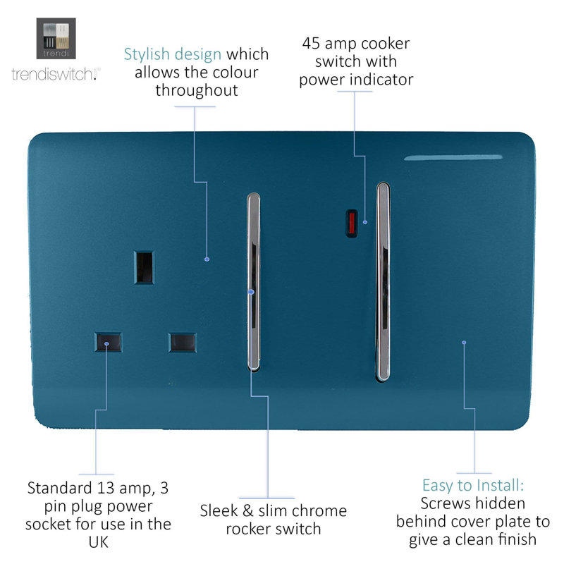Trendi Switch 45 Amp Cooker Switch & 13 Amp Plug Socket with Neon, Midnight Blue