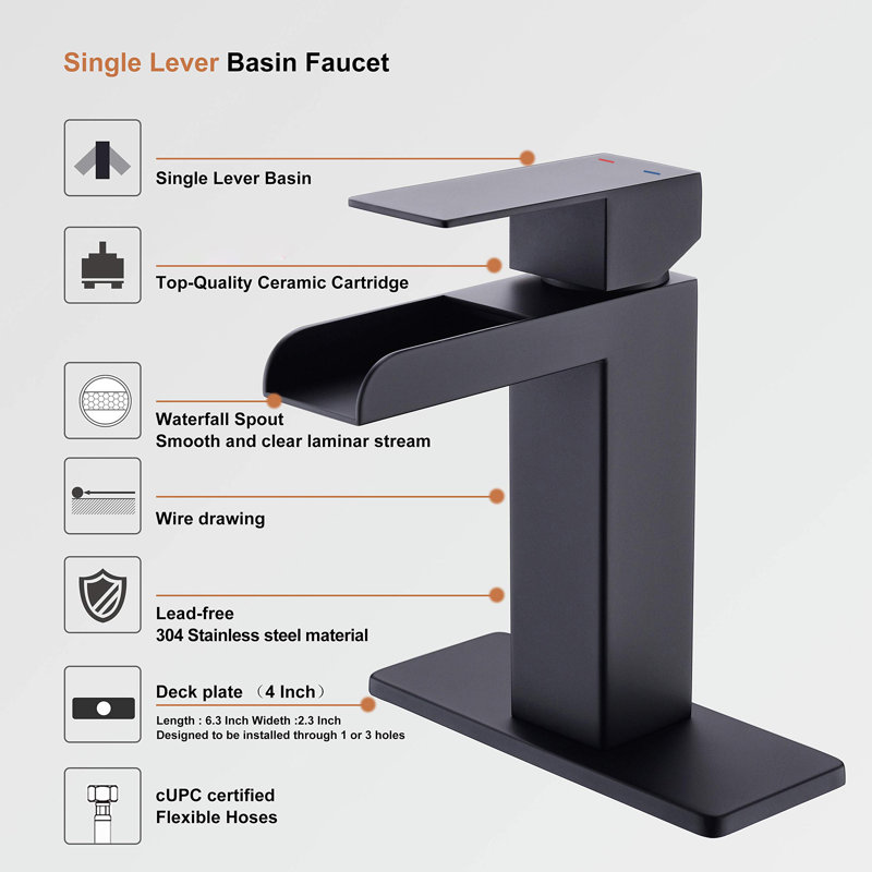 Waterfall Single Handle Bathroom Sink Faucet With Pop Up Drain, Matte Black