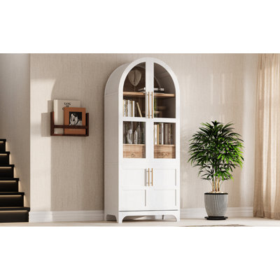 White Arched Kitchen Pantry With 4 Doors, Adjustable Shelves, And Door Internal For Spacious Storage, 71 Inches Tall 71" Cabinet , Hidden Drawer Dining Room Storage