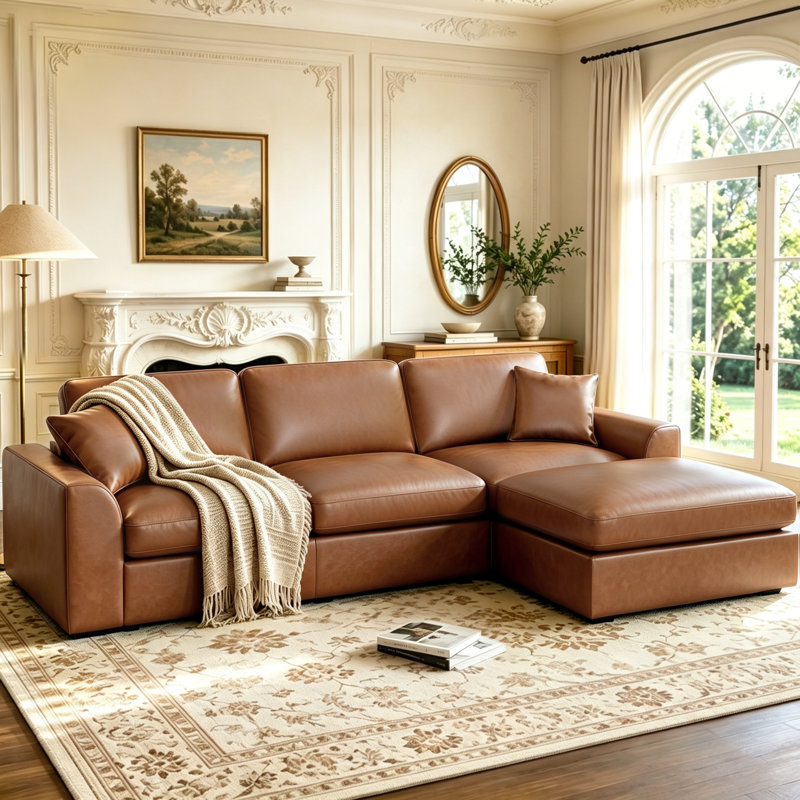 Canapé modulaire convertible en L en similicuir de 100 po à accoudoirs carrés pour salon avec repose-pieds, Brown