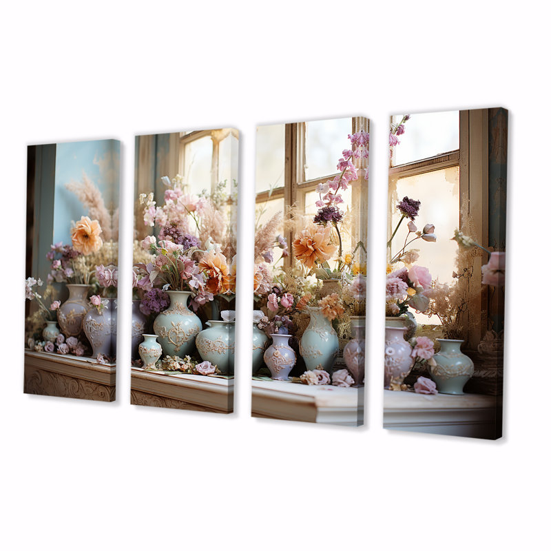 Mauve floral rococo, poterie, art mural 4 pièces, H 28 po x l 48 po