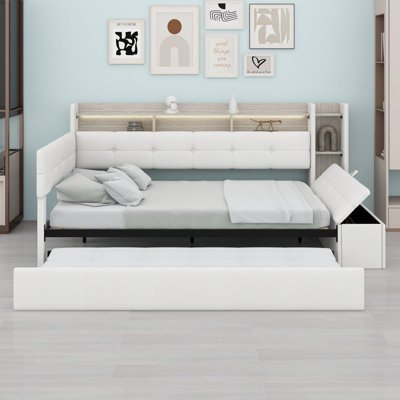 Daybed with Built-in Storage Footstool, Shelves,  Trundle, USB Charging and LED Lights