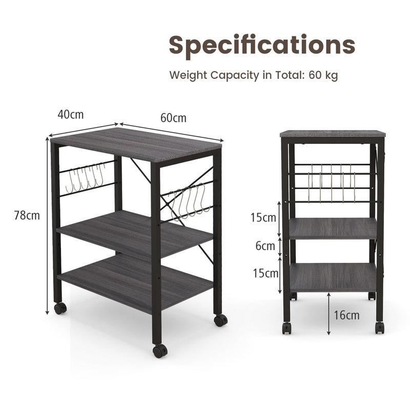Reauna 78cm H x 60cm W Utility Cart with Wheels, Black/Grey