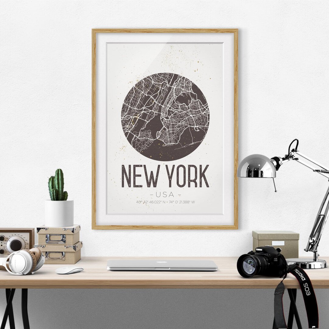 Gerahmtes Plakat-Plan New Yorks - Weinlese