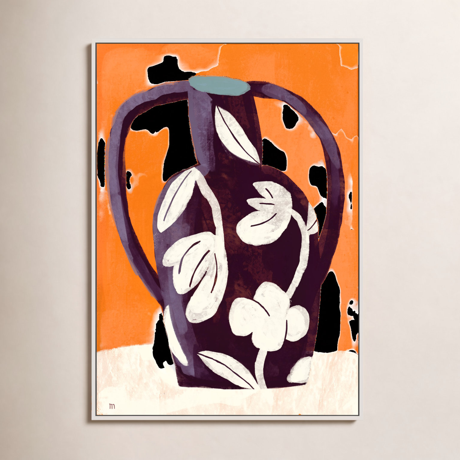Black Vase White Flowers Print by Marco Marella, 25" H x 17.5" W, White Framed Canvas