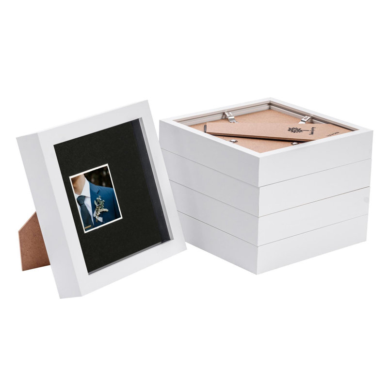 Bevelled Shadow Box Picture Frame with Mat, White/Black, 17.5cm H x 17.5cm W x 3.5cm D