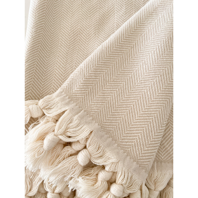 Beige Cotton Herringbone Throw Blanket with Tassels