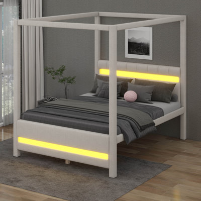 Grand lit plateforme à baldaquin tapissier avec lumières DEL et tête de lit