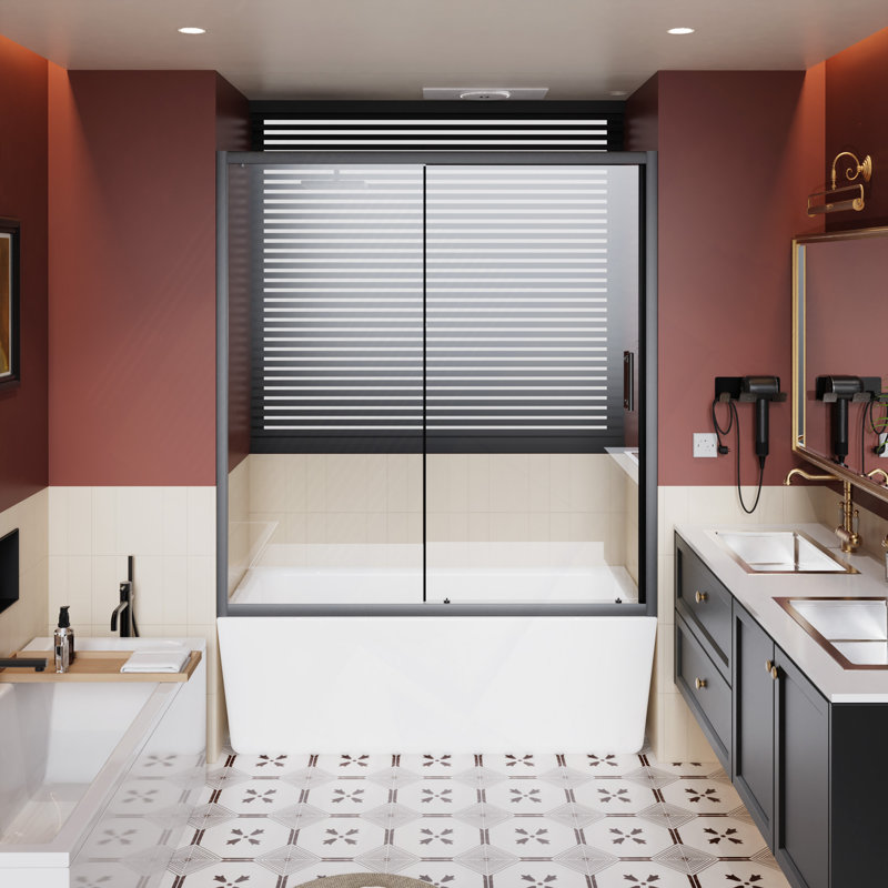 Single Sliding Shower Door For Bathtub, 1/5" Thick Clear Tempered Glass Shower Door With Stainless Steel Handle, Matt Black