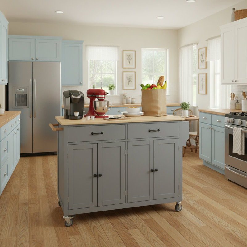Medium Size Kitchen Island Cart With Solid Wood Top, Gray Blue